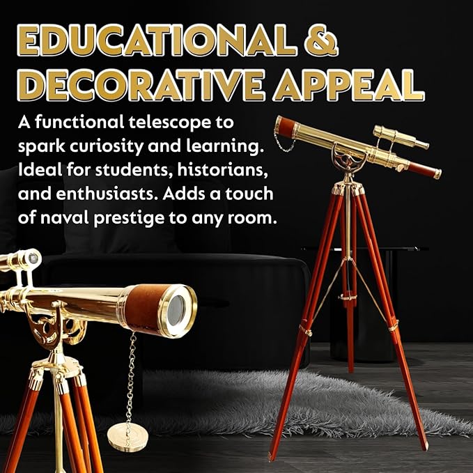 Vintage Maritime Anchor Master Telescope Shiny Brass Adjustable Wooden Tripod Royal Educational Telescopes Double Barrel Brown Leather Nautical Home Decor & Office
