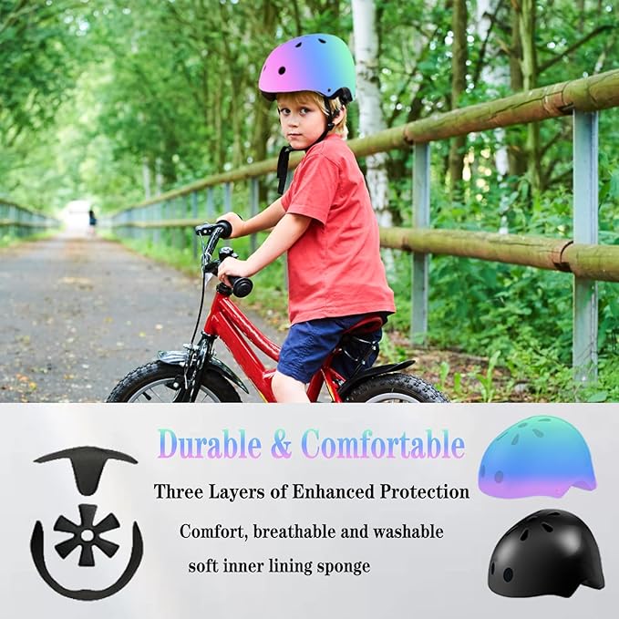 Kids Bike Helmet Set Adjustable for Children, Boys, Girls and Teenagers Aged 3-8 Years Includes Elbow, Knee, Wrist Guards Children's Helmet Protection Set for Bikes SkateboardsRollerskates