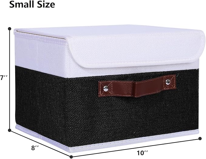 ANMINY 4PCS Storage Boxes with Lid Washable Decorative Storage Bins Basket with PU Leather Handle Foldable Linen Fabric Storage Cubes Containers for Home Closet Organizer - Black White, Small Size