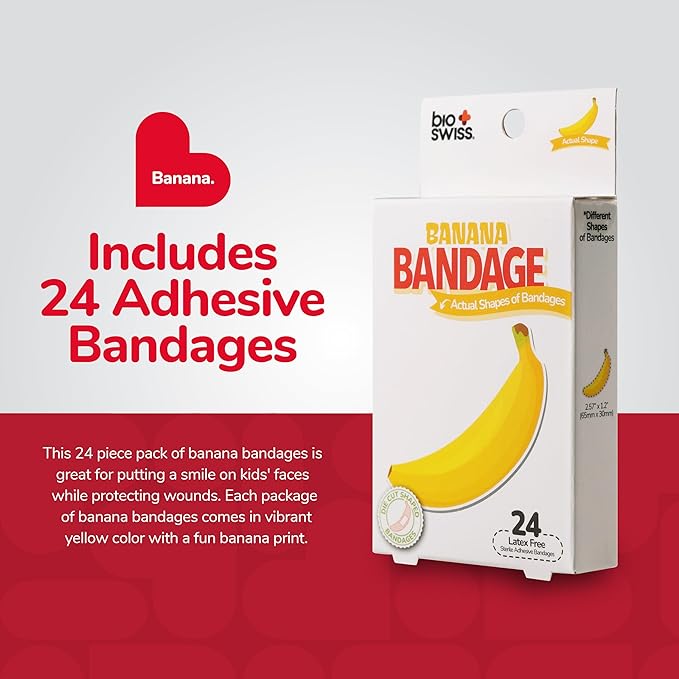 BioSwiss Bandages, Banana Shaped Self Adhesive Bandage, Latex Free Sterile Wound Care, Fun First Aid Kit Supplies for Kids, 24 Count