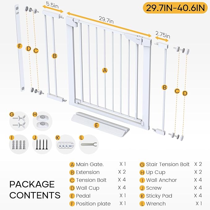 Cumbor 36" Extra Tall Baby Gate for Dogs and Kids with Wide 2-Way Door, 29.7-40.6" Width, and Auto Close Personal Safety for Babies and Pets, Fits Doorways, Stairs, and Entryways