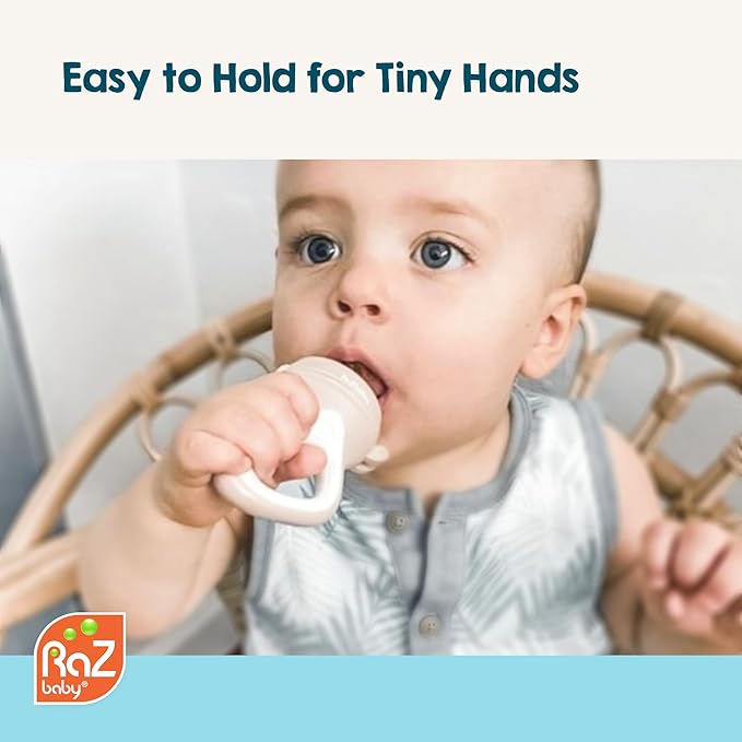RaZbaby Baby Solids/Frozen Fruit Feeder Pacifier, Infant Teether Toy 6M+, BPA-Free Silicone Pouch & Nipple, Safely Introduce Solids, Natural Teething Relief, Dishwasher Safe, Freezable – Blue/Green