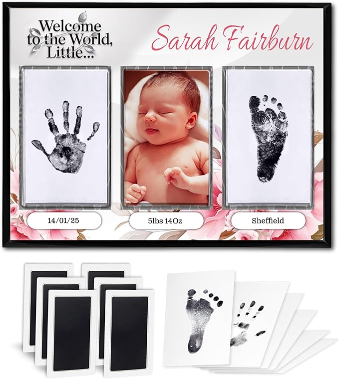 Baby Hand and Footprint Kit with Photo & Birth Details, Inkless Hand and Footprint Kit, Newborn Keepsake Plaque, Baby Shower Gifts (STYLE 1 (Fully Personalized) (Welcome To The World - Baby Girl))