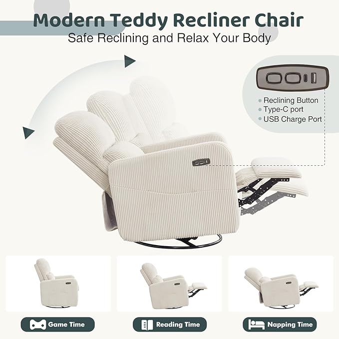 Swivel Rocker Recliner, Oversized Power Recliner Glider with Removable Cushion, Upholstered Swivel Reclining Nursery Chairs for Living Room Bedroom, Corduroy White