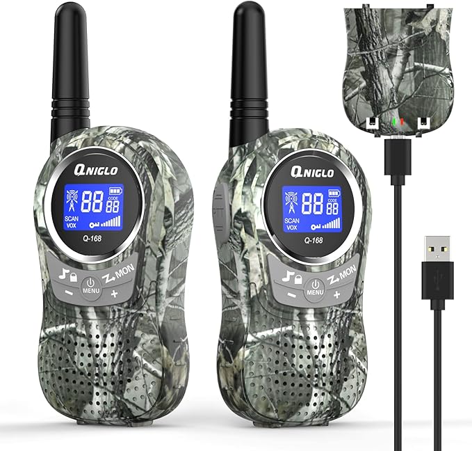 QNIGLO Camping Walkie Talkies for Kids Rechargeable, Camo Kids Walkie Talkies for Boys Girls fit Outdoor Adventure Game Spy Gear Hiking, Army Police Toys for 3 4 5 6-12 Year Old