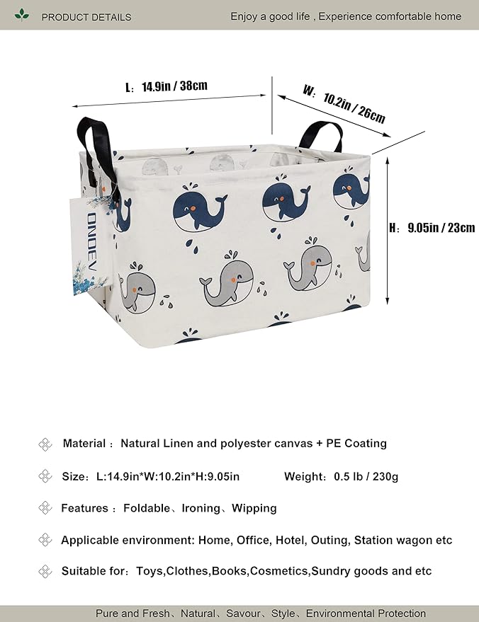 Rectangular Folding Laundry Basket,Canvas Basket,Nersury Hamper,Suitable for Children,Office,Bedroom,Clothes,Toys Storage (REC whale), 14.9’’L ×10.2’’W×9.05’’H inches