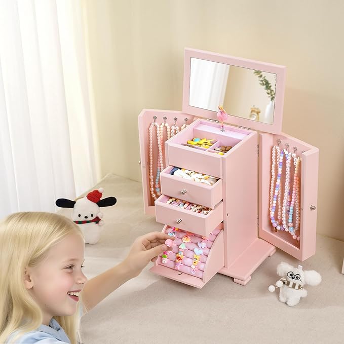 Musical Jewelry Box for Girls, Large Kid Music Box with Ballerina for Birthday Bedroom Decor, 5 Layer Girl Jewelry Gifts for Girls Kids - Pink