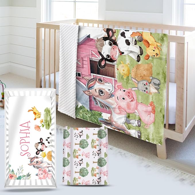 Custom Name Crib Bedding Set - Animal House Design, Personalized Baby Nursery Bedding 3-Piece Set– Soft Blanket, Fitted Sheet, Changing Pad Cover – for Newborns Girls Nursery Gifts