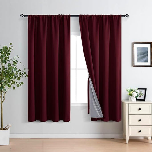 XWZO 100% Blackout Curtains with Tiebacks - Heat and Light Blocking Rod Pocket Window Drapes with Black Liner Backing for Bedroom Sewn with Tiebacks, Burgundy, W52 x L72, Set of 2