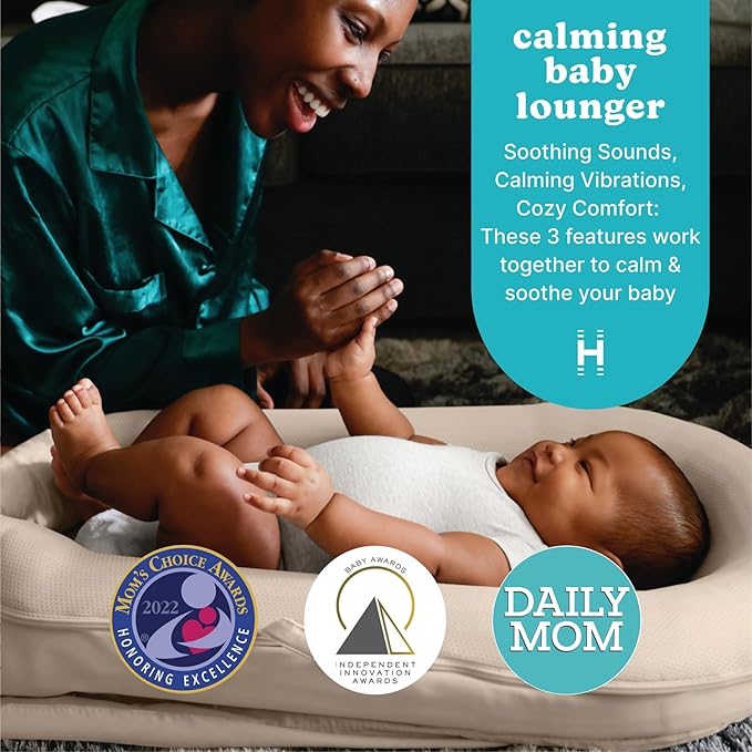 MyBaby 3-in-1 Calming Baby Cushion, Soothing Comfort for Newborns & Infants, Snuggling Sensation, Sound and Vibration, Designed for Safety, Rechargeable & Machine-Washable, by Homedics, Tan