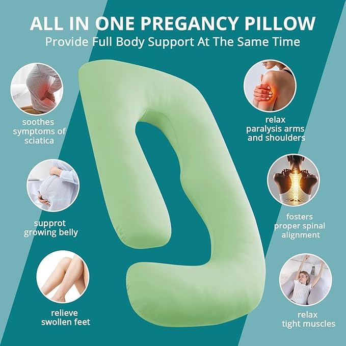Sasttie Pregnancy Pillows for Sleeping, Jumbo U Shaped Cooling Full Body Pillow with Removable Cover, Pregnant Women Must Haves, Maternity Essential, Light Green
