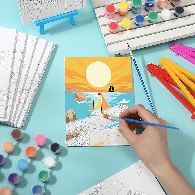 Blosssound 10 Set Pre Printed Canvas Pre Drawn Canvas Painting with Easel Kits 5" x 7" Outline Painting Panels for Beginners, DIY Craft Project, Party Favor, Home Decors(Summer)