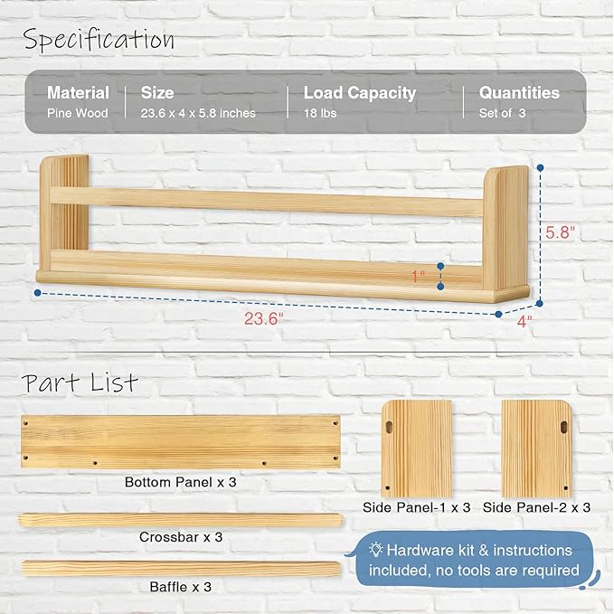 Natural Wood Wall Bookshelf for Kids Bedroom Set of 3, 24 Inch Wooden Floating Nursery Book Shelves for Baby Boys Girls Room, Mounted Toddler Book Shelf for Toy Organizers and Storage