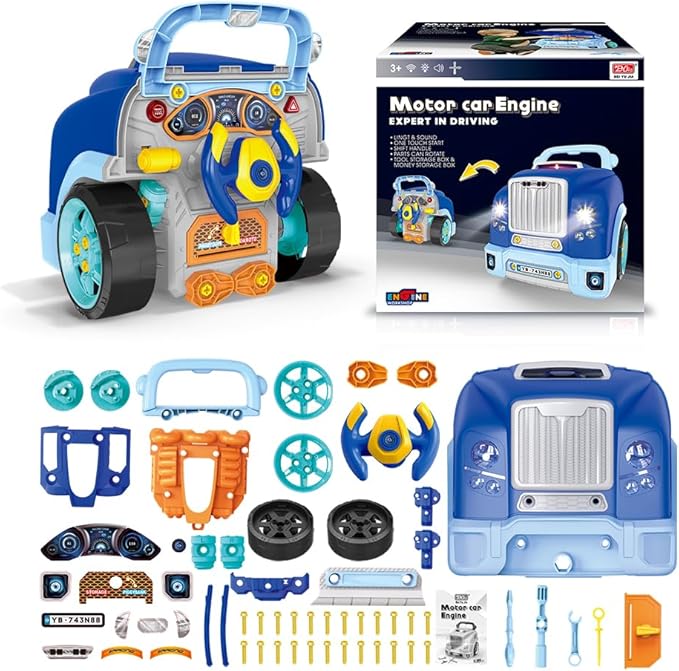 Interactive Truck Engine Toy with Removable Parts - Lights, Sounds, and Fun for Young Mechanics -Unleash Their Creativity and Motor Skills with This Truck Engine Toy (Bule)