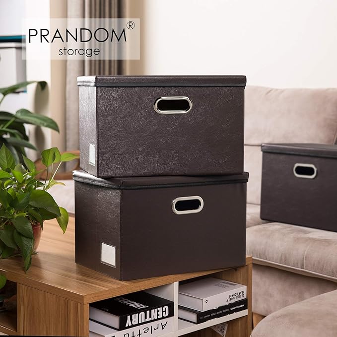 PRANDOM Large Stackable Storage Boxes with Lids [5-Pack] Leather Fabric Foldable Storage Bins Organizer Containers Baskets Cubes with Cover for Bedroom Closet Office Nursery Brown(17.7x11.8x11.8)