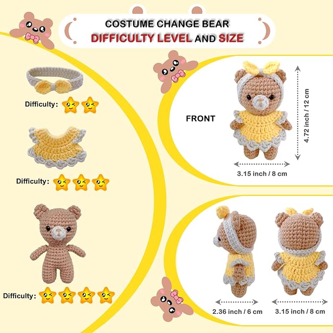 LoopMap Crochet Kit for Beginners - DIY Amigurumi Bear with Removable Dress & Accessories - Step-by-Step Video Tutorials, Extra Yarn, Crochet Tools, Handmade Gift for Kids & Adults (Bear K01, Yellow)