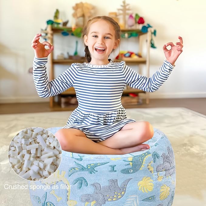 Bean Bag Chair for Kids, Toddler Beanbag Bed Unicorn, Convertible Children Bean Chair to Floor Mattress with Filler, Stuffed Child Bean Bags for Girl Boy Sleeping, Blue Dino