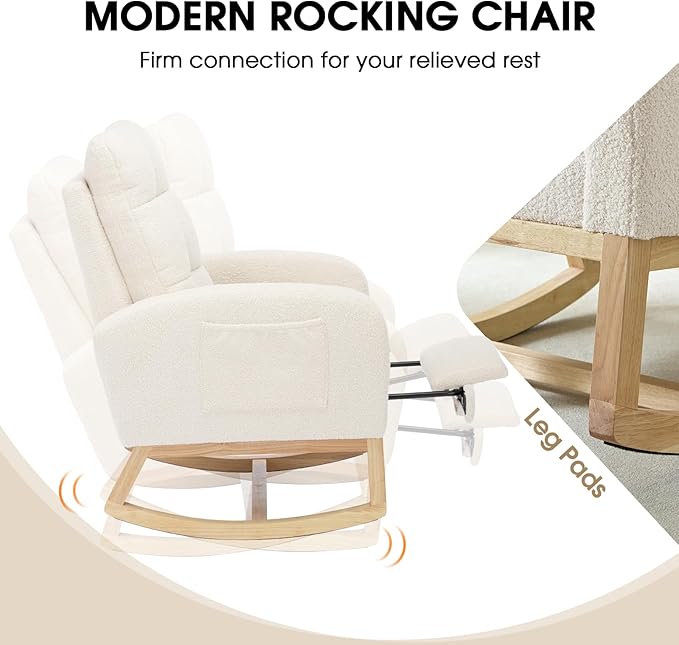 NIOIIKIT Modern Nursery Rocking Chair, Teddy Upholstered Rocking Chair with Footrest, Comfortable Rocker Chair with Side Pocket, Rocker Chair for Living Room, Bedroom, Nursing Room (White)