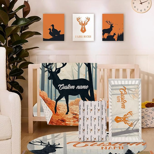 Personalized Nursery Crib Bedding Set: Orange Forest Custom Name 5 Piece Baby Crib Sets with Sika Deer Theme - Toddler Double Layer Blanket Set, Comfortable Crib Bed Sheets for Baby Grils