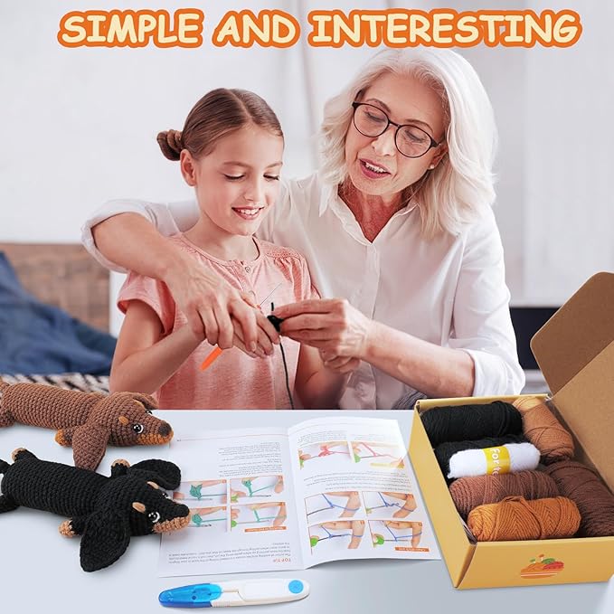 Crochet Kit for Beginners - 2 PCS Dachshund Crochet Kits with Step-by-Step Video Tutorials, Beginner Crochet Kit for Adults, Crochet Animal Kit for Kids, Dog Craft Knitting Kit
