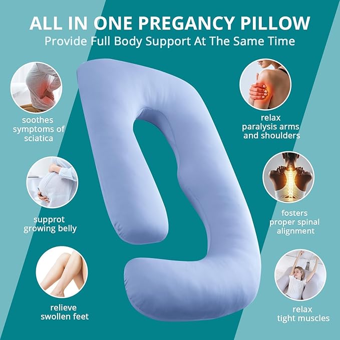 Sasttie Pregnancy Pillows for Sleeping, U Shaped Cooling Full Body Pillow with Removable Cover, Pregnant Women Must Haves, Maternity Essential, Light Blue