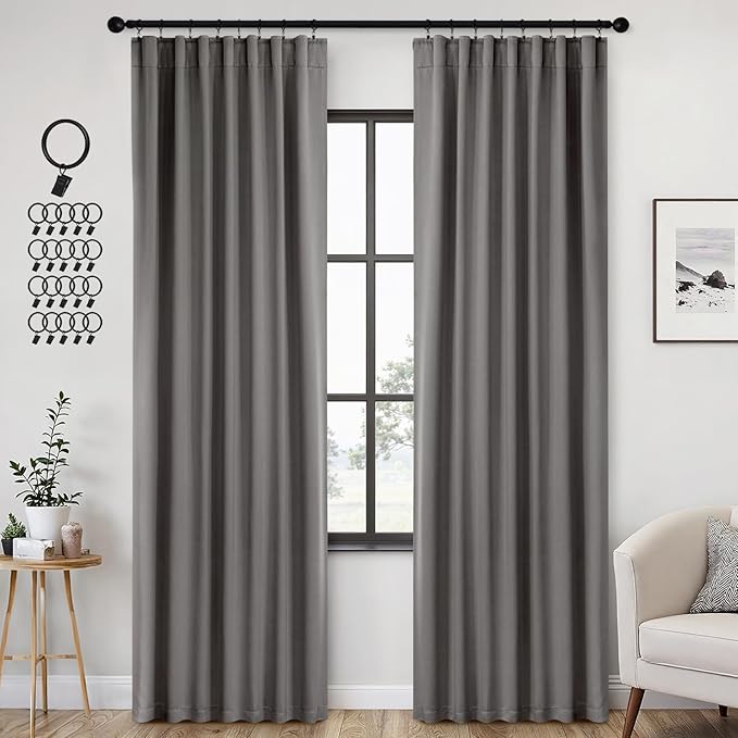 ANRODUO Back Tab Blackout Curtains for Bedroom Living Room, Rod Pocket Pinch Pleated Thermal Insulated Room Darkening Curtains 92 Inches Long 2 Panels, Grey, 42 x 92 Inch