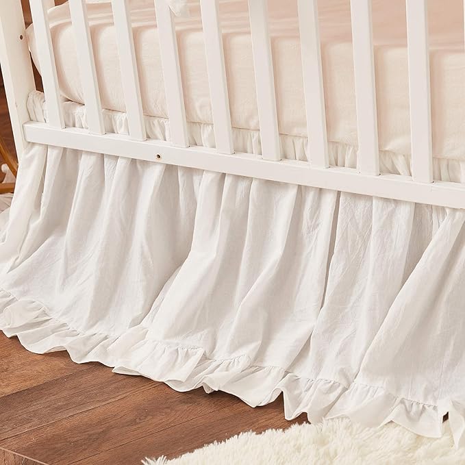 Brandream Baby Crib Bedding Set for Girls Boys Gender Neutral Boho Bohemian Farmhouse Chic Ruffle 6-Piece Nursery Bedding Set - 100% Washed Cotton Cream White