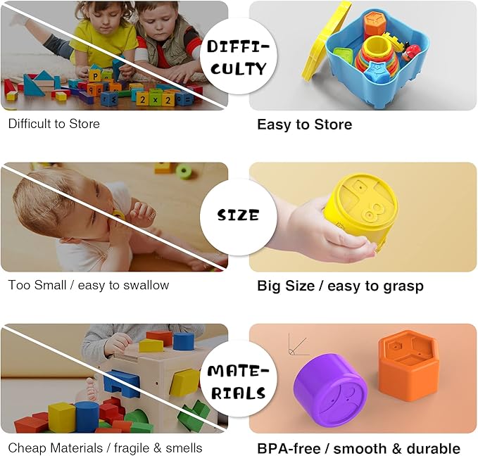 MOONTOY Stacking Cups Baby Toy Set, 19pcs Baby Stacking Toys for Toddlers 1-3, Shape Sorter Stackable Blocks Games Nesting Sorting Toys 6-12 Months 1 Year Old Easter Basket Stuffers Birthday Gift