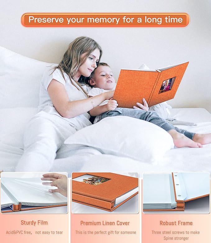 popotop Photo Album Self Adhesive with Picture Display Window,60 Pages DIY Scrapbooking Supplies Kit for 4x6 10x12 Picture,Linen Cover Memory Book for Baby Wedding, with Scraper and Metallic Pen