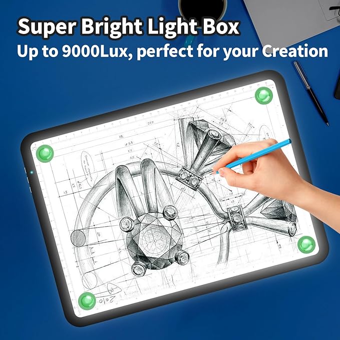 Up To 9000Lux Super Bright A4 Light Pad,Rechargeable light box with 4000mAH Lithium Battery for Cricut Weeding Vinyl Tool,Magnet light box for tracing,light board for Diamond Painting,Sketching,Tattoo