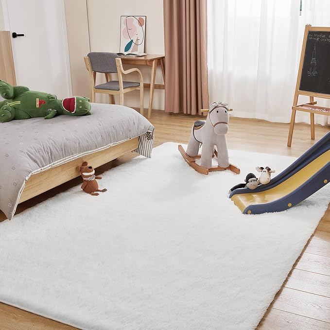 Fluffy White Rugs for Bedroom, 5x7 Plush Cream Area Rugs for Living Room, Non-Slip Shag Floor Carpet for Kids Room, Girls Room, Bedside, Playroom, Indoor Decor