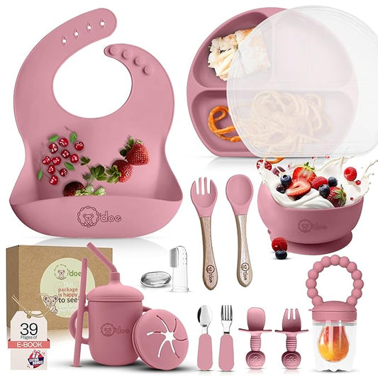 O'doe 17-Piece BPA-Free Silicone Baby Feeding Set | Thick & Soft Suction Plates, Baby Bowls, Wooden Fork & Spoon, and More | Make Mealtime Fun and Easy for Your Little One | Pink, V2