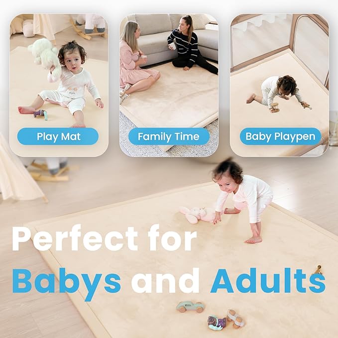 1.3" Thick Baby Play Mat for Floor, 79x118 Large Foam Tummy Time Mat, Padded Support Soft Plush Nursery Rug for Infant Kids Toddler Crawling Kick Activity (Beige)