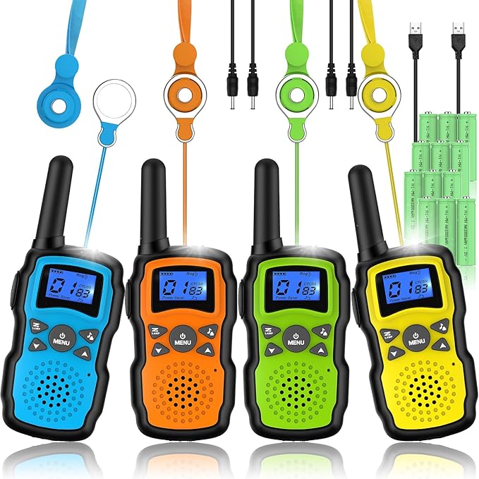 Wishouse Walkie Talkies for Kids Adults Rechargeable 4 Sets with 2 USB Chargers|4X3000mAh Batteries|Lanyards|Family Walky Talky Long Range for Hiking Camping|Xmas Birthday Gift|Boys Girls Present