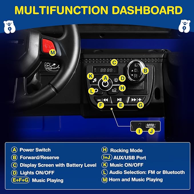 L8 2 Seater Ride On Car, 12V Kids Electric Car w/Remote Control, 4-Wheel Suspension, Bluetooth Speaker, Multi Music Modes, 3 Speeds, LED Lights, Xmas & Birthday Gift Ideas for Kids Ages 3+