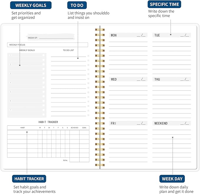 Undated Weekly Planner, Weekly To Do List Notebook with Goal & Habit Tracker Organizer, A5 5.8" x 8.0" Weekly Planner Notebook with Spiral Binding for Men or Women