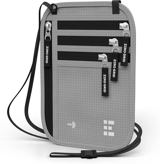 Neck Wallet for Travel & Passport Holder with RFID Blocking - Slim & Easy to Conceal Nylon Travel Pouch for men & women - Holds Phone, Cash, Cards, Keys - Sweat & Water Resistant - X-Large- Light Grey