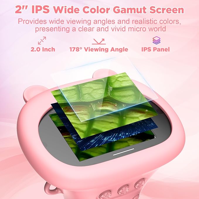 MAXLAPTER Portable Digital Microscope for Kids: 1000X Handheld Kid Microscope with 2'' Screen and 8 LED Lights - Pocket Miniscope Edu Science Toys Birthday Gifts for Age 3-5 5-7 8-12 Girls Boys, Pink