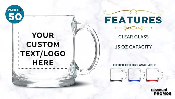 Custom Libbey Clear Glass Coffee Mugs 13 oz. Set of 50, Personalized Bulk Pack - Perfect for Coffee, Tea, Espresso, Hot Cocoa, Other Beverages - Clear Bottom