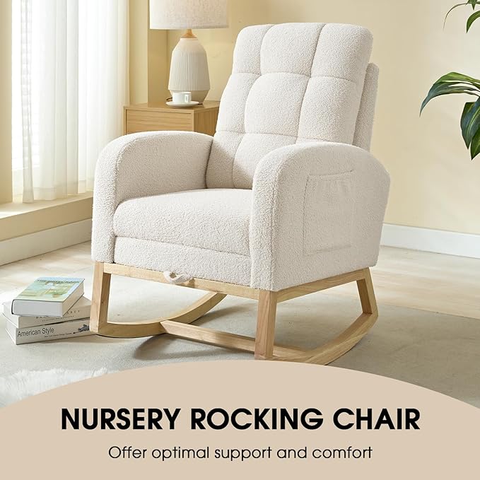 NIOIIKIT Modern Nursery Rocking Chair, Teddy Upholstered Rocking Chair with Footrest, Comfortable Rocker Chair with Side Pocket, Rocker Chair for Living Room, Bedroom, Nursing Room (White)