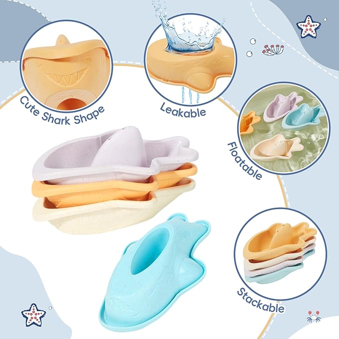 Bath Toys, 21PCS | Montessori Toys for Babies with Shapes for Sorting Play & Stacking Cups | Bath Boats & Spoon with Storage Container | Educational & Mold Free Bathtub Water Toys for Toddler Gifts