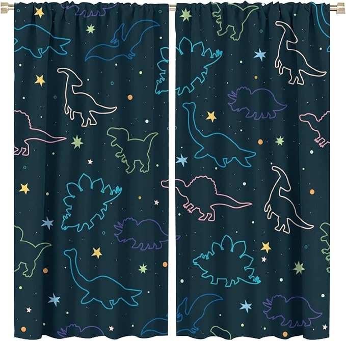 Cartoon Colorful Dinosaur Curtains for Boys Girls Home Decor, Astronaut Funny Outer Space Star Blackout Rod Pocket Window Drapes for Bedroom Living Room W21xL45in Decor