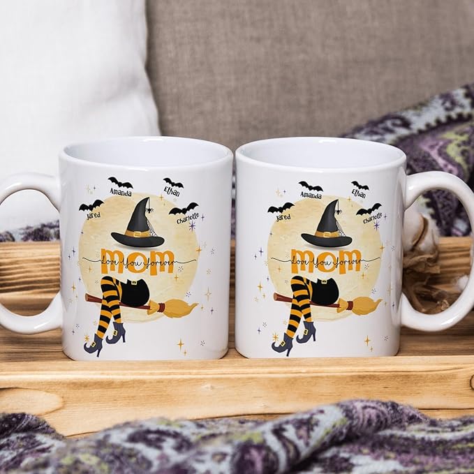 Personalized Halloween Witch Mom Mug With Kids Names - Coffee Cup Gift for Women - 11 or 15 Oz Fall Gift