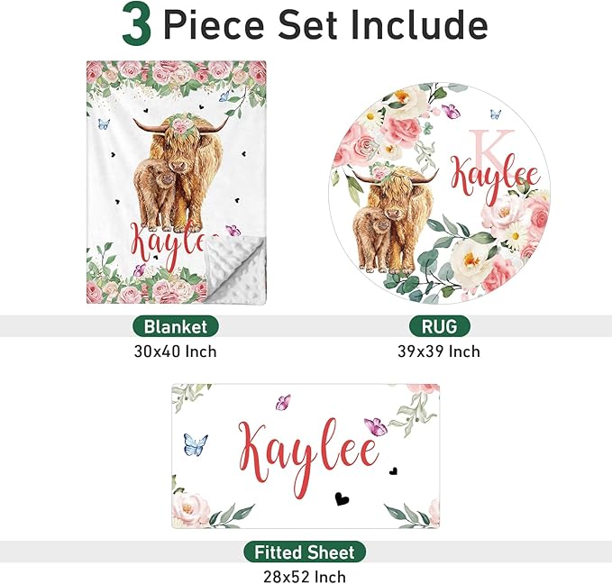 Personalized Baby Crib Bedding Set - Custom Name Highland Cattle Design 3 Pcs Set - Soft Blanket with Double Layer Dotted Backing, Fitted Sheet, Room Rug for Newborns Boys Girls Shower Gift