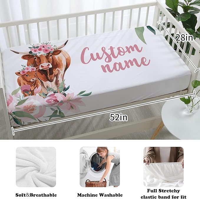 Custom Nursery Crib Bedding Set: Personalized Name 4 Piece Highland Cow Theme Baby Crib Sets for Girls - Toddler Double Layer Blanket Set, Comfortable Crib Bed Sheets for Baby Toddlers
