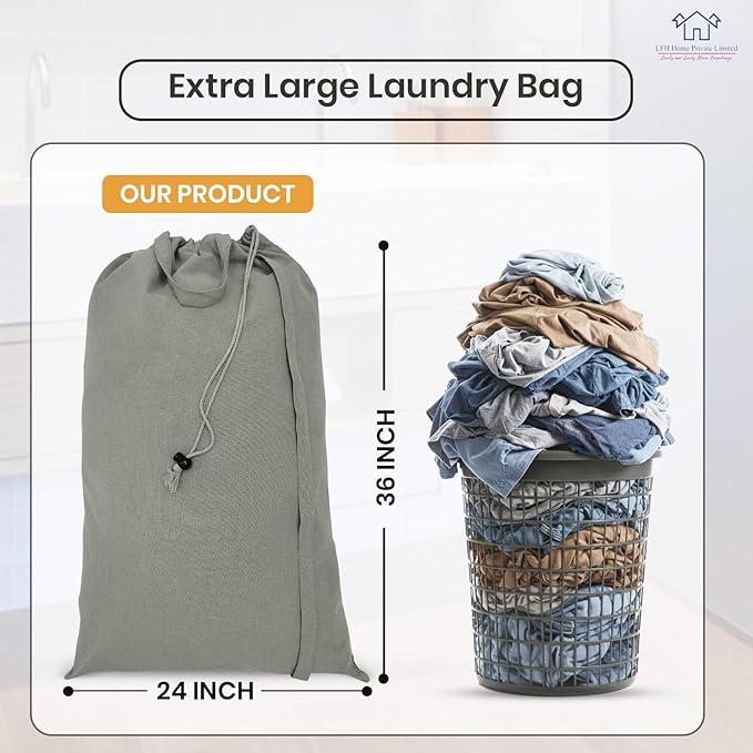 LFH Home Cotton Canvas Extra Large Laundry Bag with Handle, Heavy Duty Drawstring Closure Washable Laundry Bags, School Travel, Home, Hotel, College Dorm, Organizer Sack, Toys Clothes 24x36-Grey