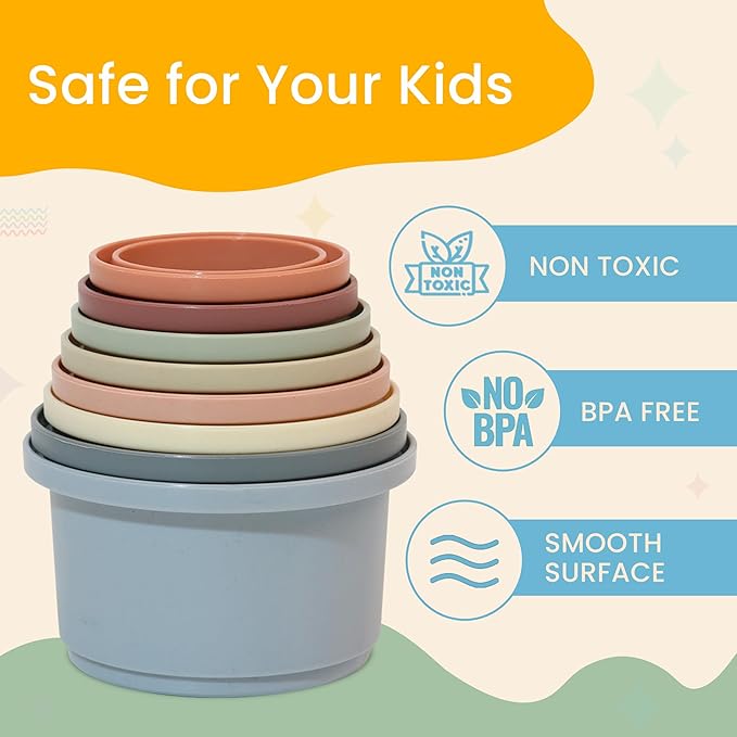 Stacking Cups Baby Toy Educational Cup Stacking Set 8-Pc Stackable Cups with Number Rainbow Nesting Cups for Babies 6-12 Months Stacking Cups for Toddlers 1-3 Perfect for Indoor/Outdoor