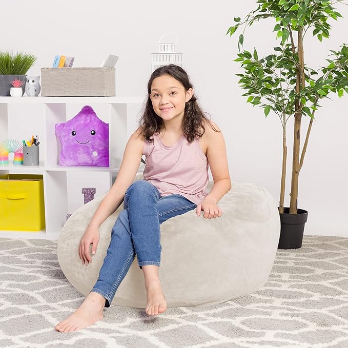 Posh Creations Bean Bag Chair for Kids, Teens, and Adults Includes Removable and Machine Washable Cover, Soft Faux Rabbit Fur - Cream, 38in - Large