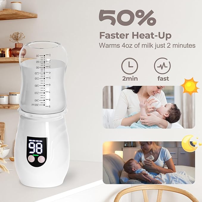 Portable Cordless Baby Bottle Warmer for Travel, Rechargeable with 8 Adapters & 1 Milk Powder Container, Safe Material, Fast Heating, Compatible with Major Brands,White