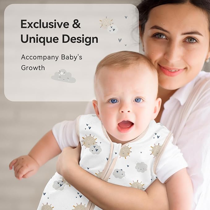 Baby Sleep Sack 6-12 Months 0.5 Tog Wearable Blanket Baby, 3 Pack 100% Cotton Lightweight Sleeping Sack with 2-Way Zipper for Newborn Infant Apricot White Sun Clouds